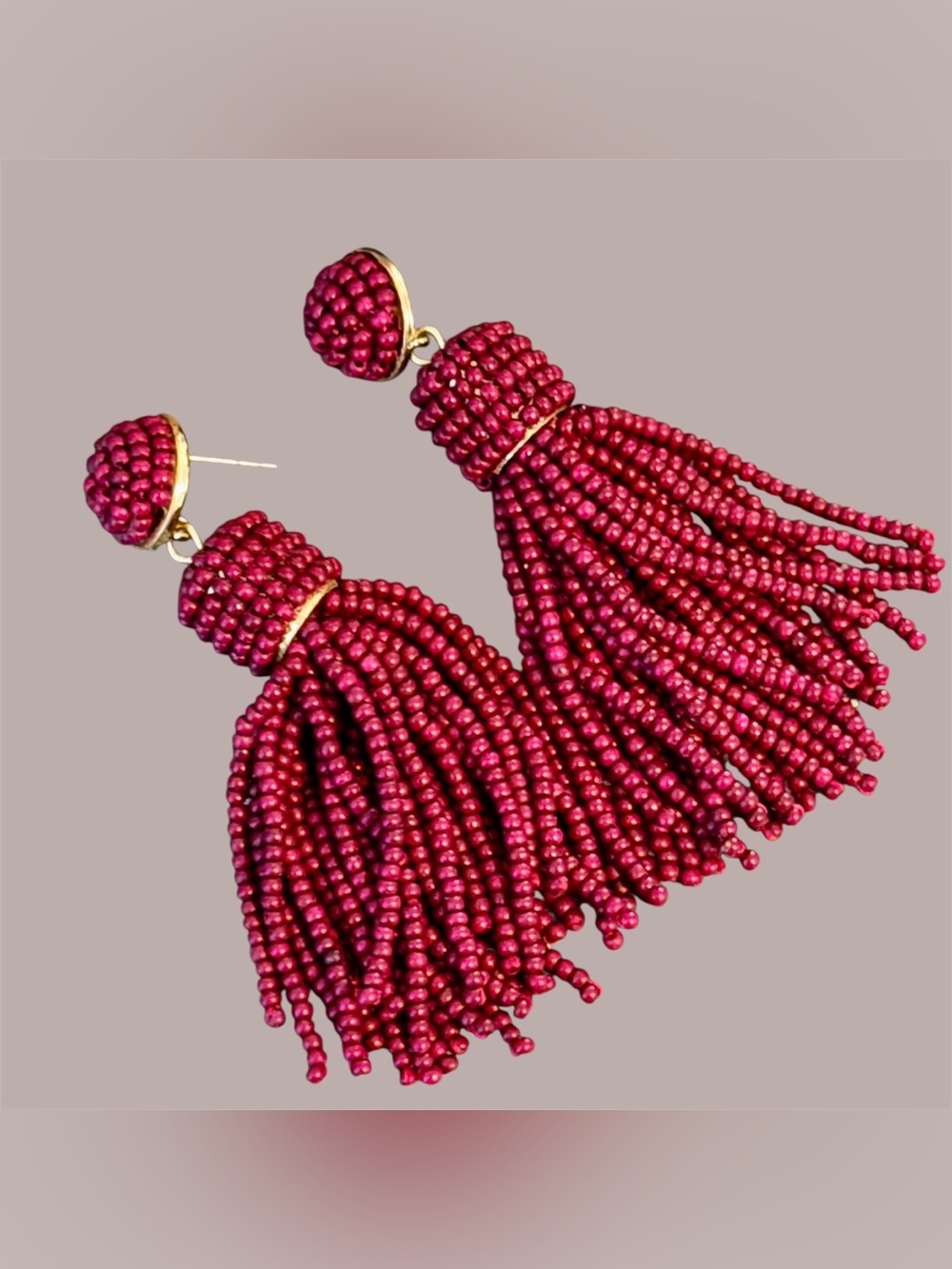 SUGARFIX Burgundy Beaded Tassel Drop Stud Earrings - Women Fashion Jewelry Boho